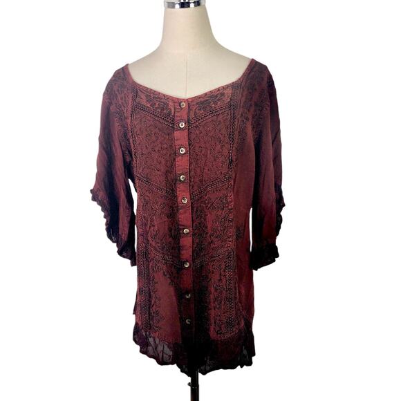 Himalayan Boho Tunic Top Burgundy Black Soutache Lace Embroidery - Picture 4 of 11